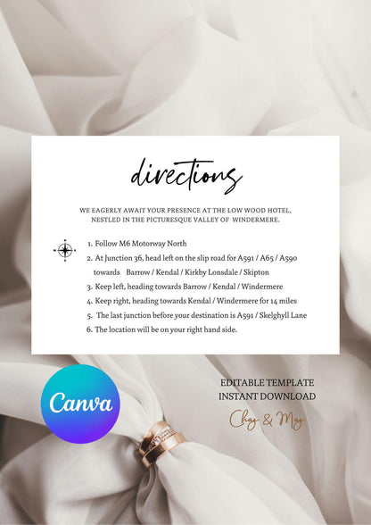 Directions Card Template Printable Directions Card Wedding Guest Enclosure Card 6x4", Canva Templates | D1