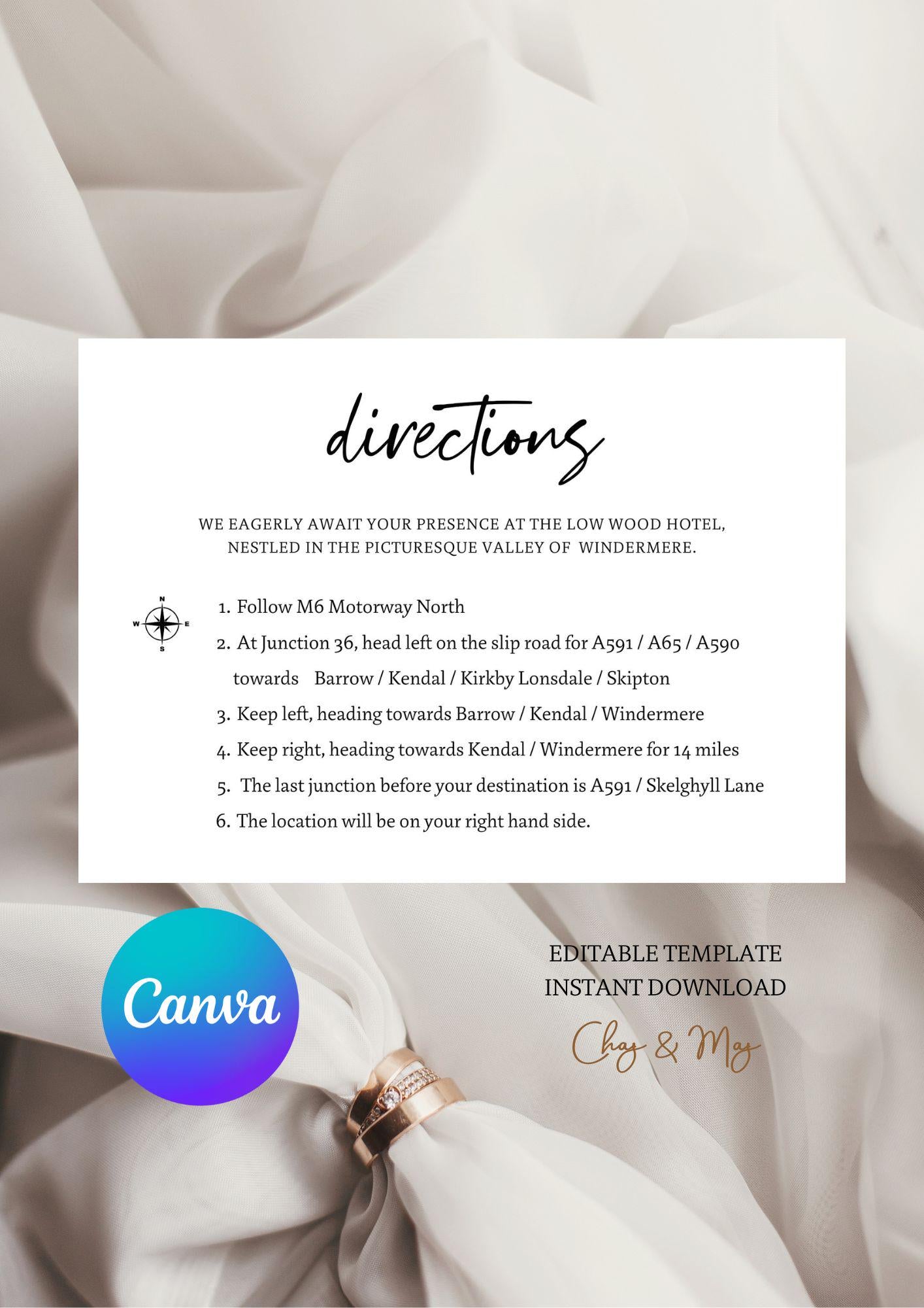 Directions Card Template Printable Directions Card Wedding Guest Enclosure Card 6x4", Canva Templates | D1
