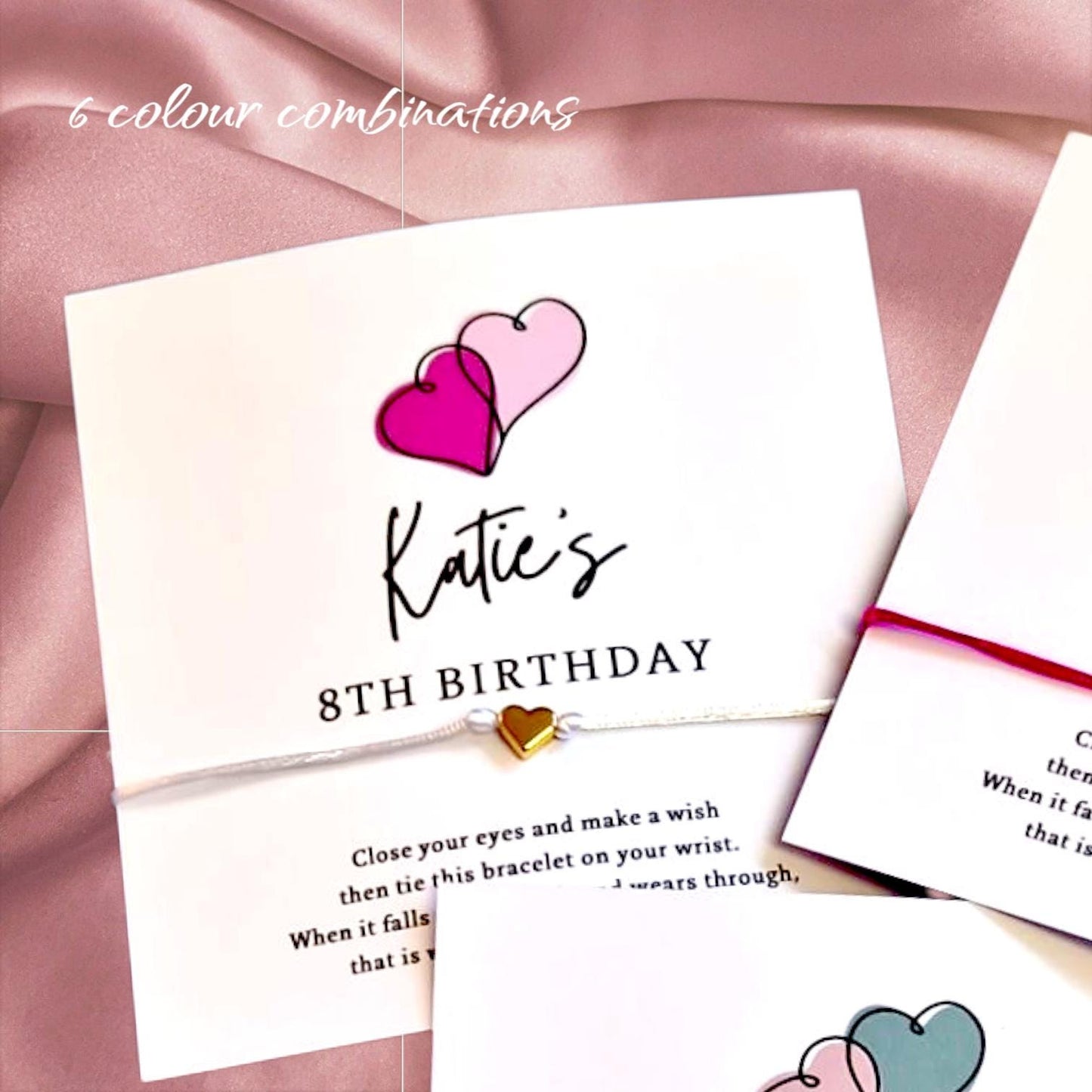 Birthday Wish Bracelet: Double Heart Charm, Party Favour,  various colours - Any age - Personalised
