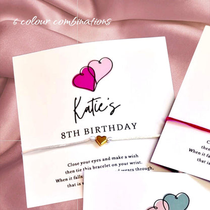 Birthday Wish Bracelet: Double Heart Charm, Party Favour,  various colours - Any age - Personalised