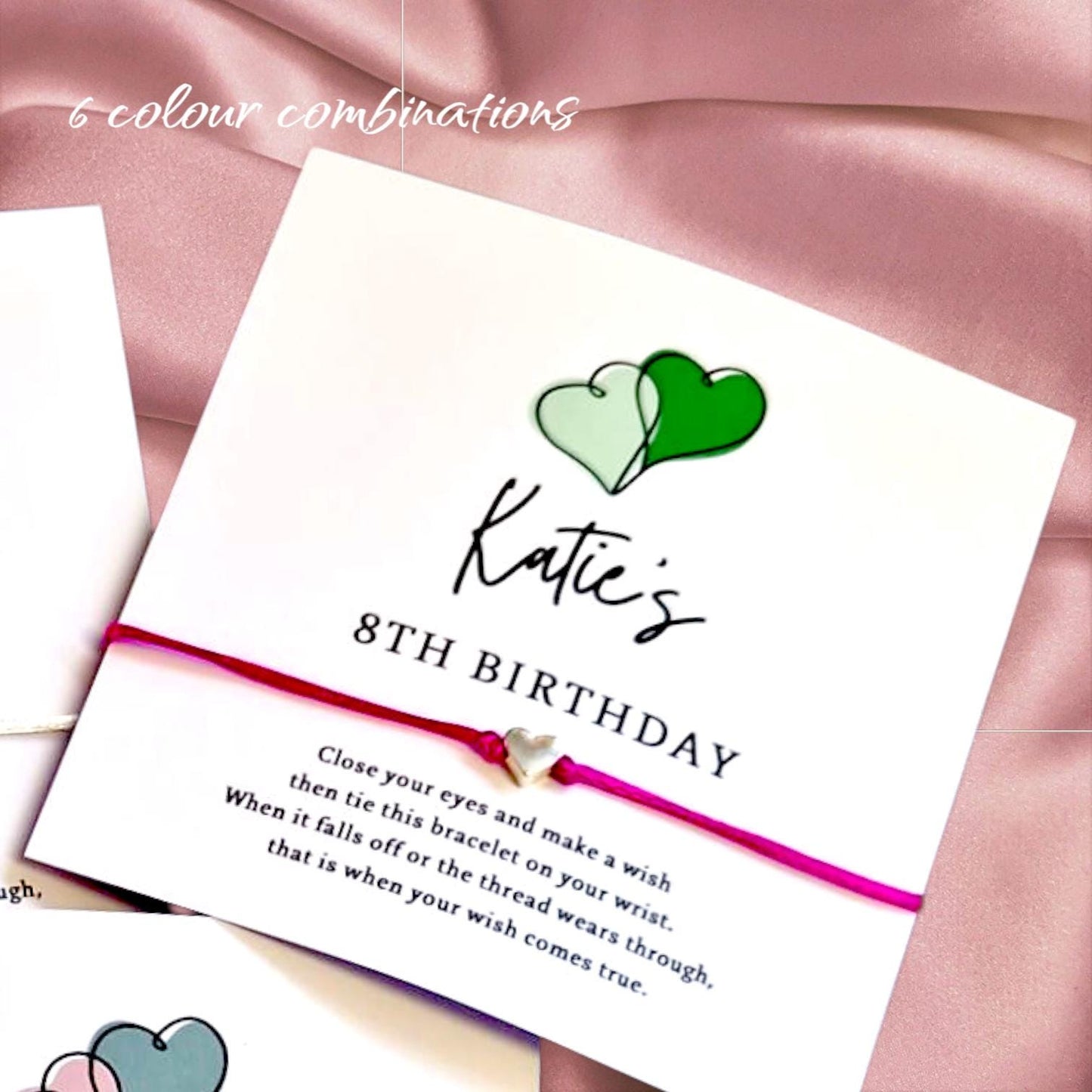Birthday Wish Bracelet: Double Heart Charm, Party Favour,  various colours - Any age - Personalised