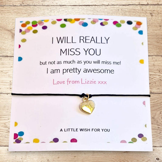 Personalised I Will Really Miss You Wish Bracelet, Leaving Card, New Job New School Funny Card, Going Away Travel Present