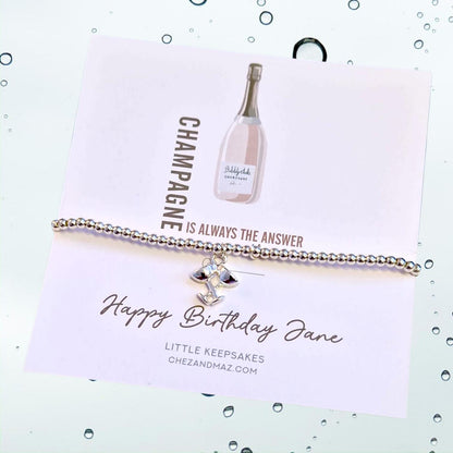 Champagne Charm Bracelet: Silver Plated Birthday Gift