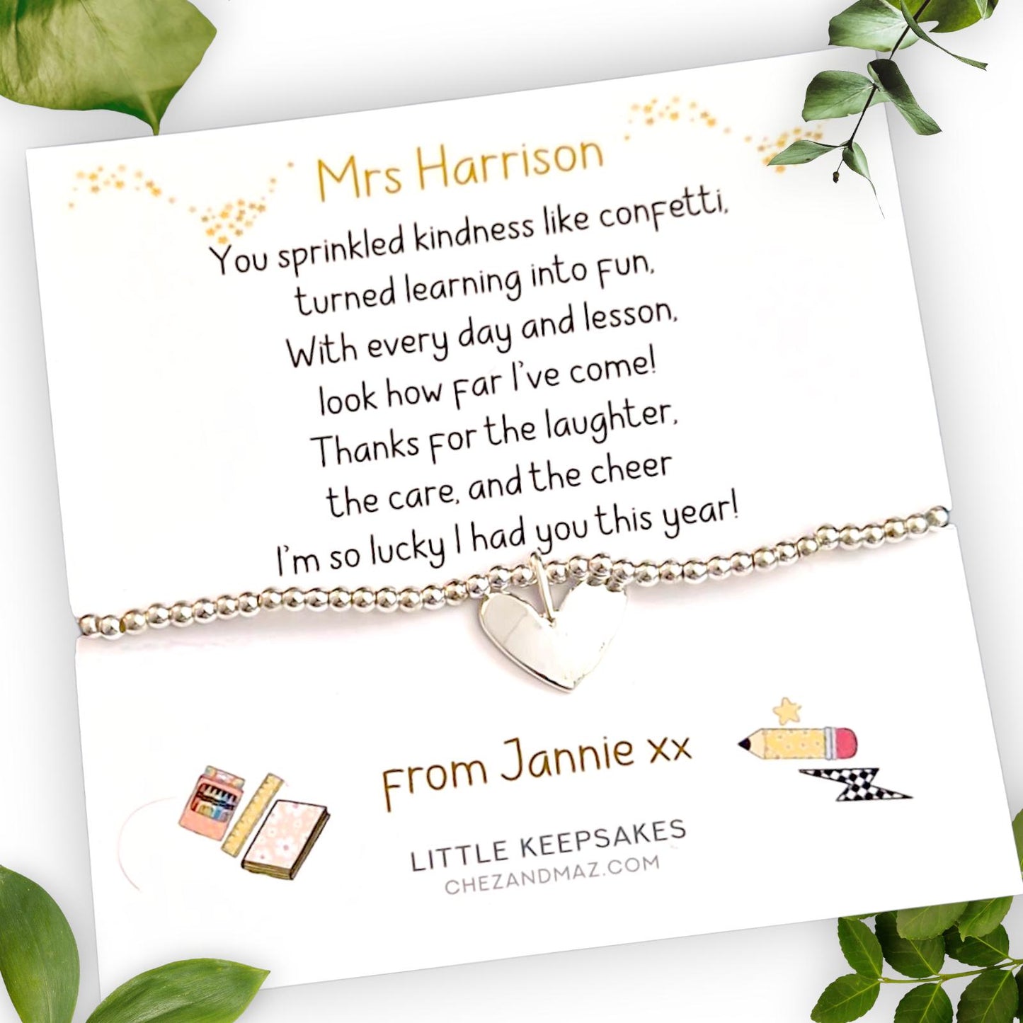 Personalised Teacher Thank You Bracelet: Silver Plated Charm Bracelet -Birthday, End of term