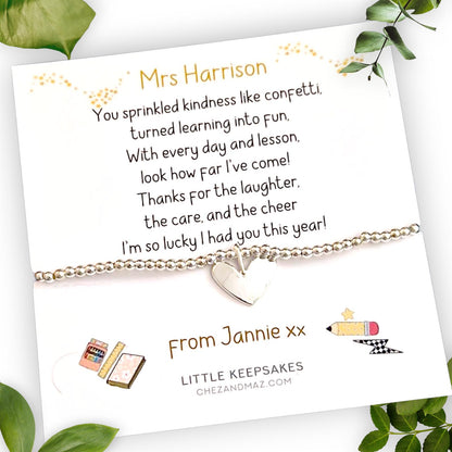 Personalised Teacher Thank You Bracelet: Silver Plated Charm Bracelet -Birthday, End of term