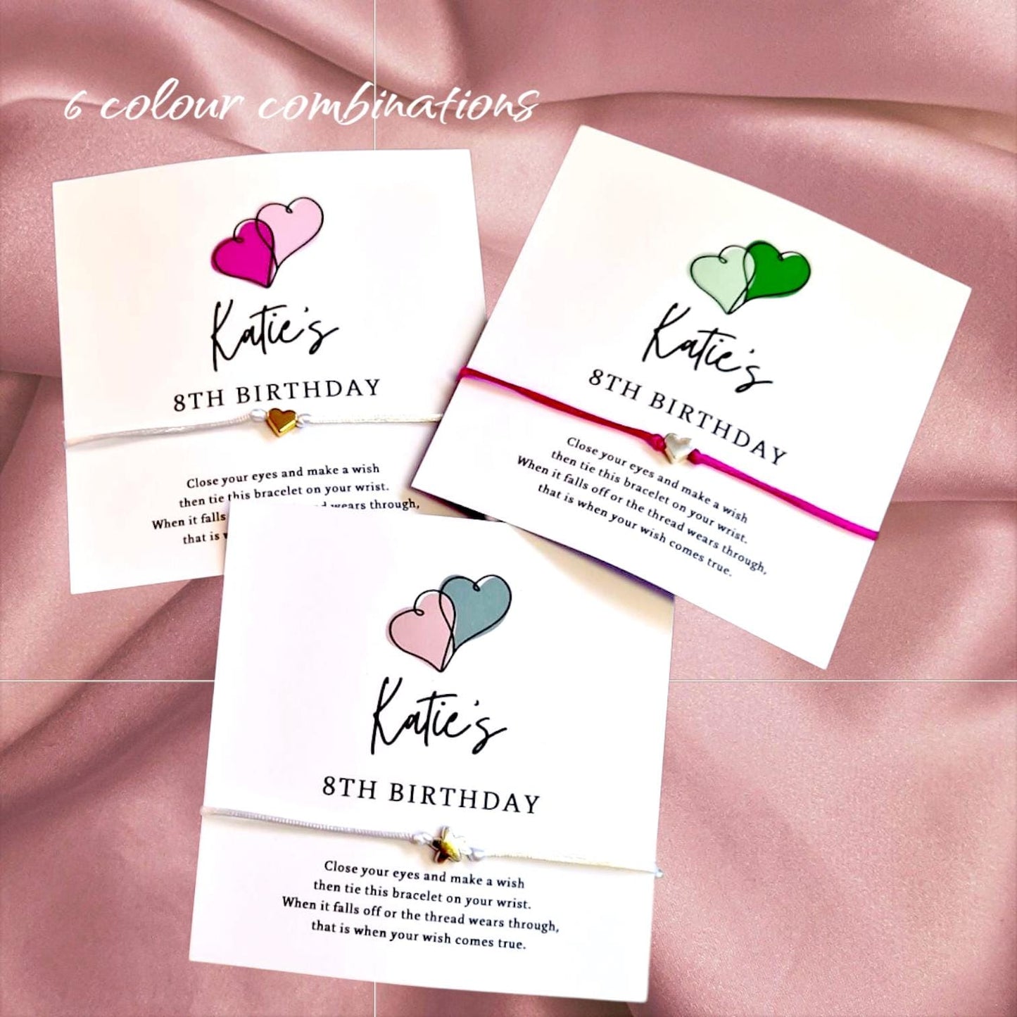 Birthday Wish Bracelet: Double Heart Charm, Party Favour,  various colours - Any age - Personalised