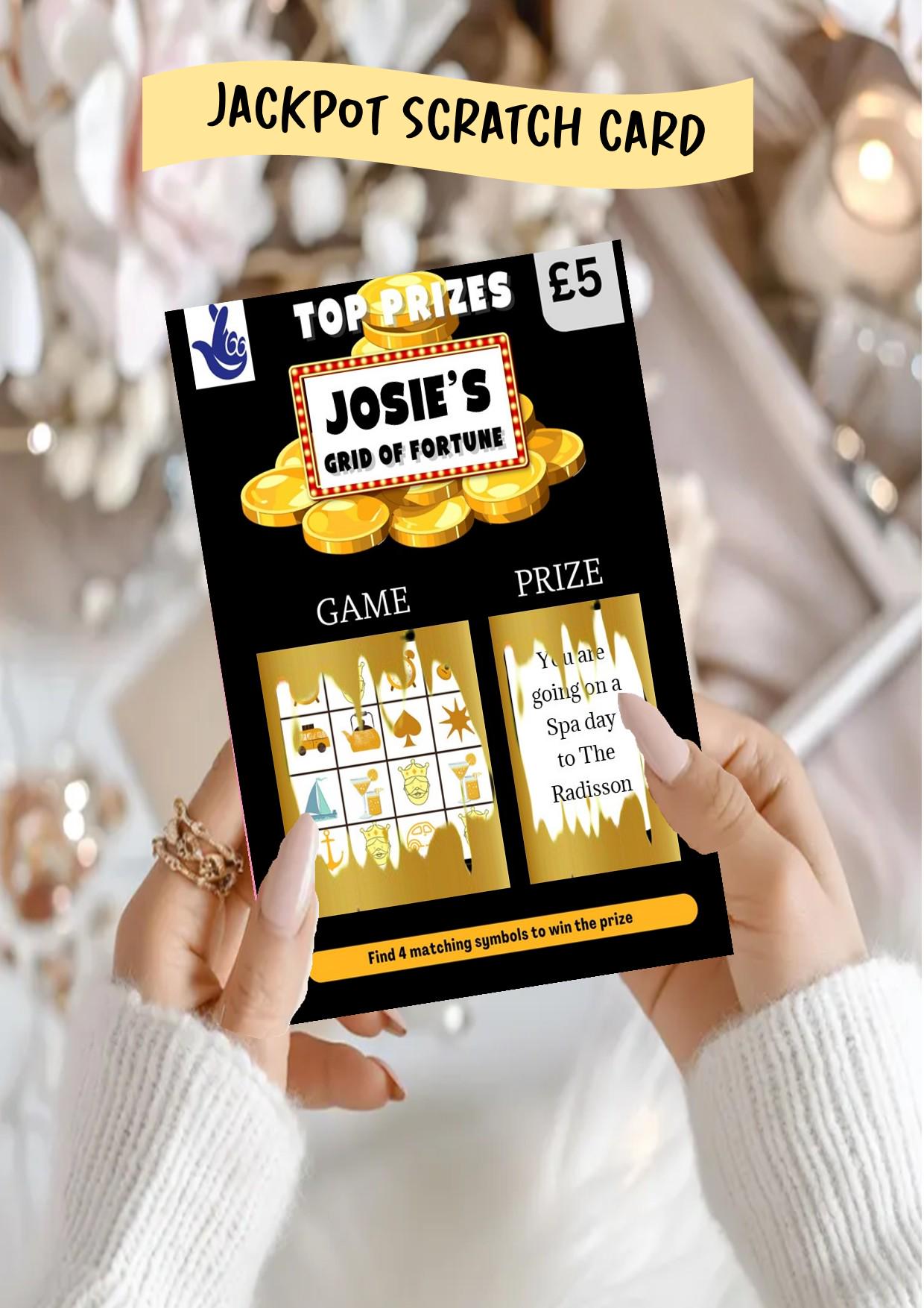Scratch to Reveal Card: Grid of Fortune Lucky Ticket Personalised- Scratch to Reveal Jackpot, Money Holiday, Concert