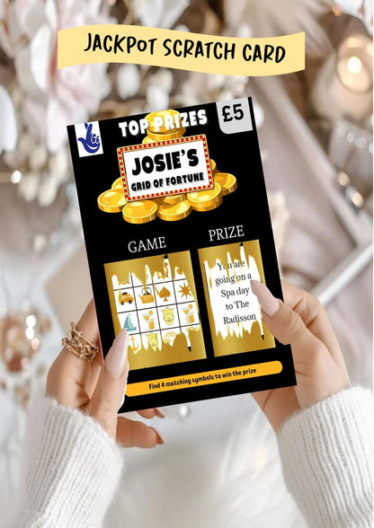 Scratch to Reveal Card: Grid of Fortune Lucky Ticket Personalised- Scratch to Reveal Jackpot, Money Holiday, Concert