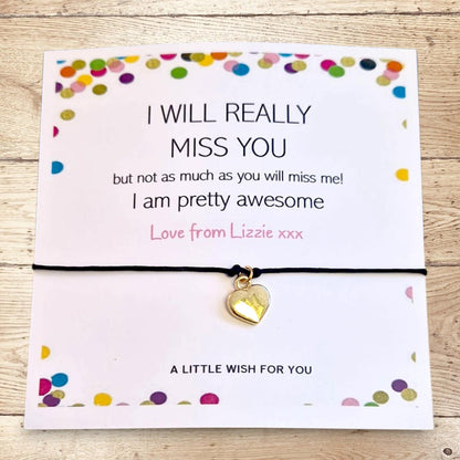 Personalised I Will Really Miss You Wish Bracelet, Leaving Card, New Job New School Funny Card, Going Away Travel Present
