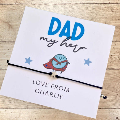 Dad My Hero I Personalised I Black Bracelet I Star Charm I Fun Gift for Fathers Day I Wish Bracelet I Backing Card I Gift to Dad I Keepsake