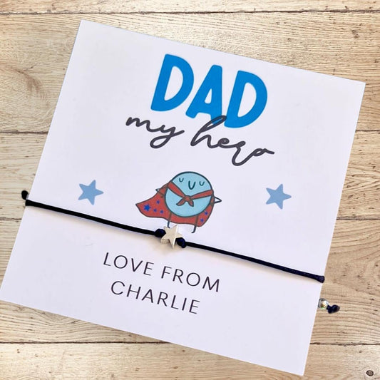 Dad My Hero I Personalised I Black Bracelet I Star Charm I Fun Gift for Fathers Day I Wish Bracelet I Backing Card I Gift to Dad I Keepsake