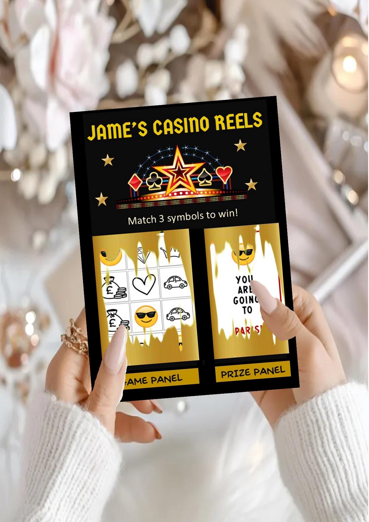 Scratch card Casino Reels Personalised Scratch to Reveal Card: Surprise Holiday, Concert, Money, Festival