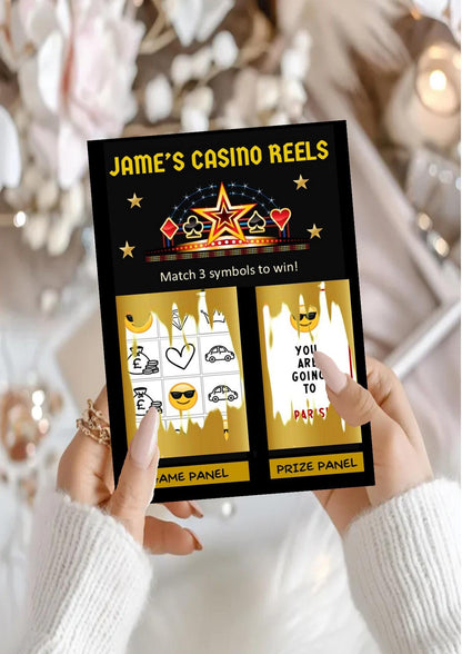 Scratch card Casino Reels Personalised Scratch to Reveal Card: Surprise Holiday, Concert, Money, Festival