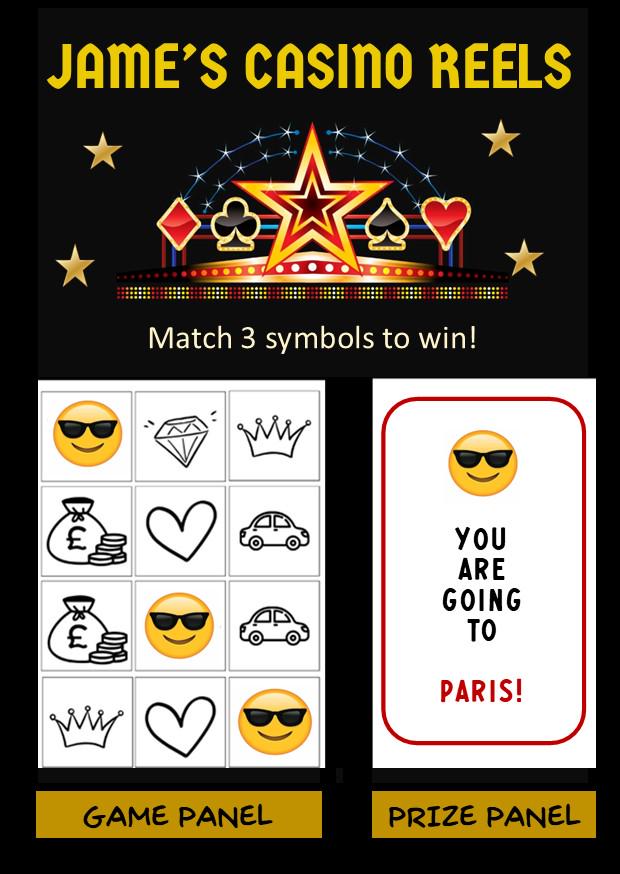 Scratch card Casino Reels Personalised Scratch to Reveal Card: Surprise Holiday, Concert, Money, Festival