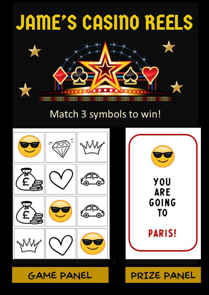 Scratch card Casino Reels Personalised Scratch to Reveal Card: Surprise Holiday, Concert, Money, Festival