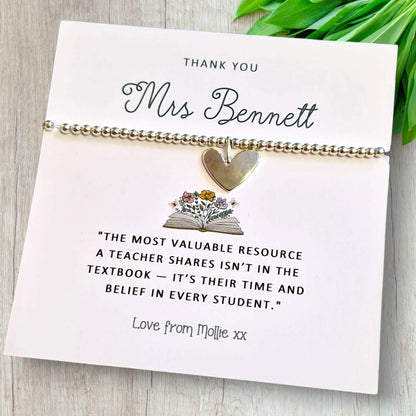 Teacher,  Teaching Assistant, Mentor, Thank You Bracelet: Silver Beaded Charm, Time and Belief Quote, Personalised