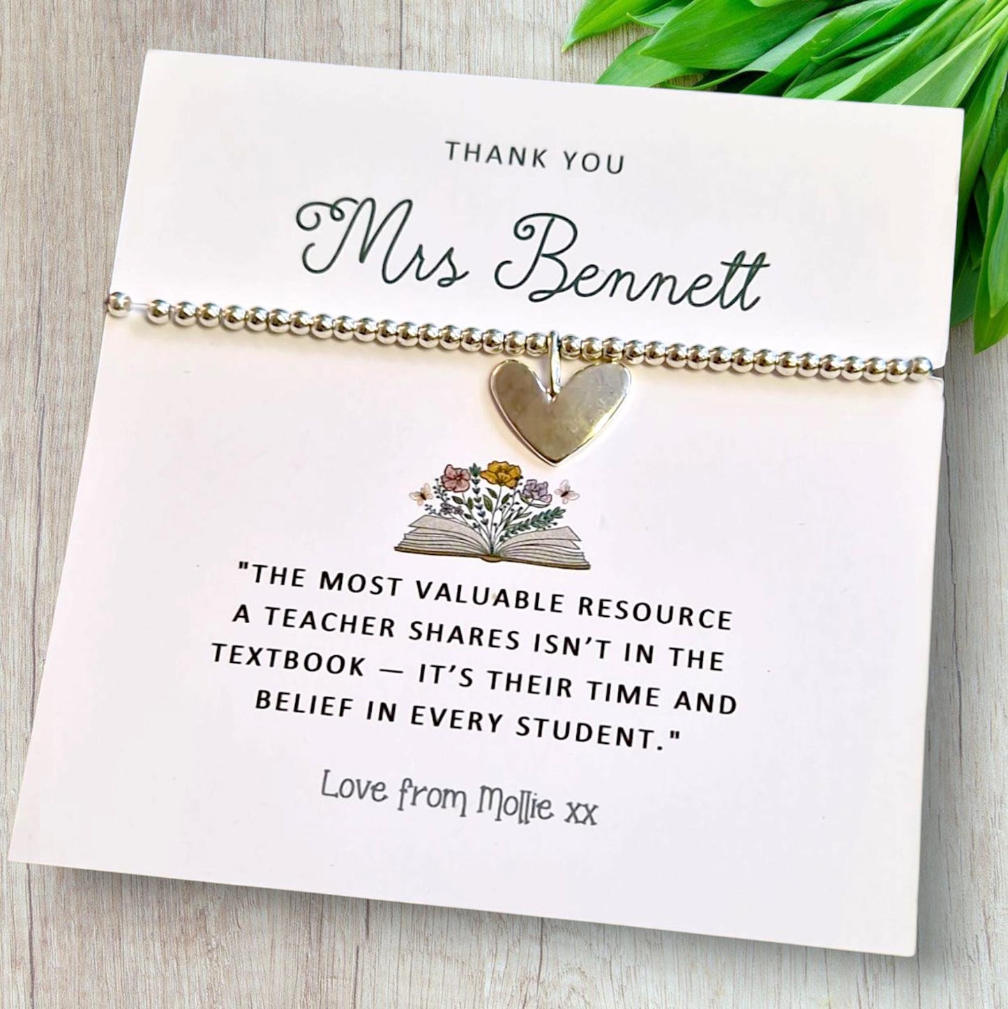 Teacher,  Teaching Assistant, Mentor, Thank You Bracelet: Silver Beaded Charm, Time and Belief Quote, Personalised