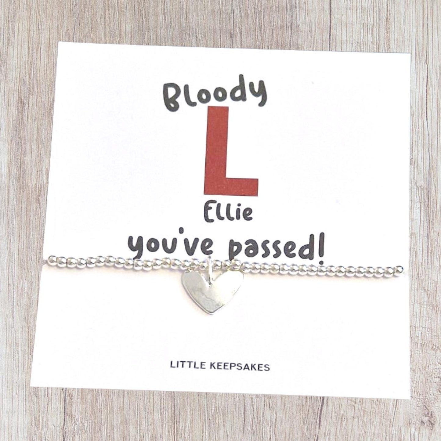 Funny Driving Test Card & Bracelet I Bloody L I Congratulations I Personalised I Driving Test I  Silver plated charm bracelet heart charm