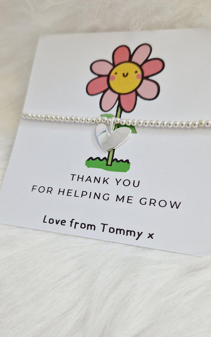 Helping Me Grow - Teacher Thank You Gift, Silver Beaded Bracelet. Flower design