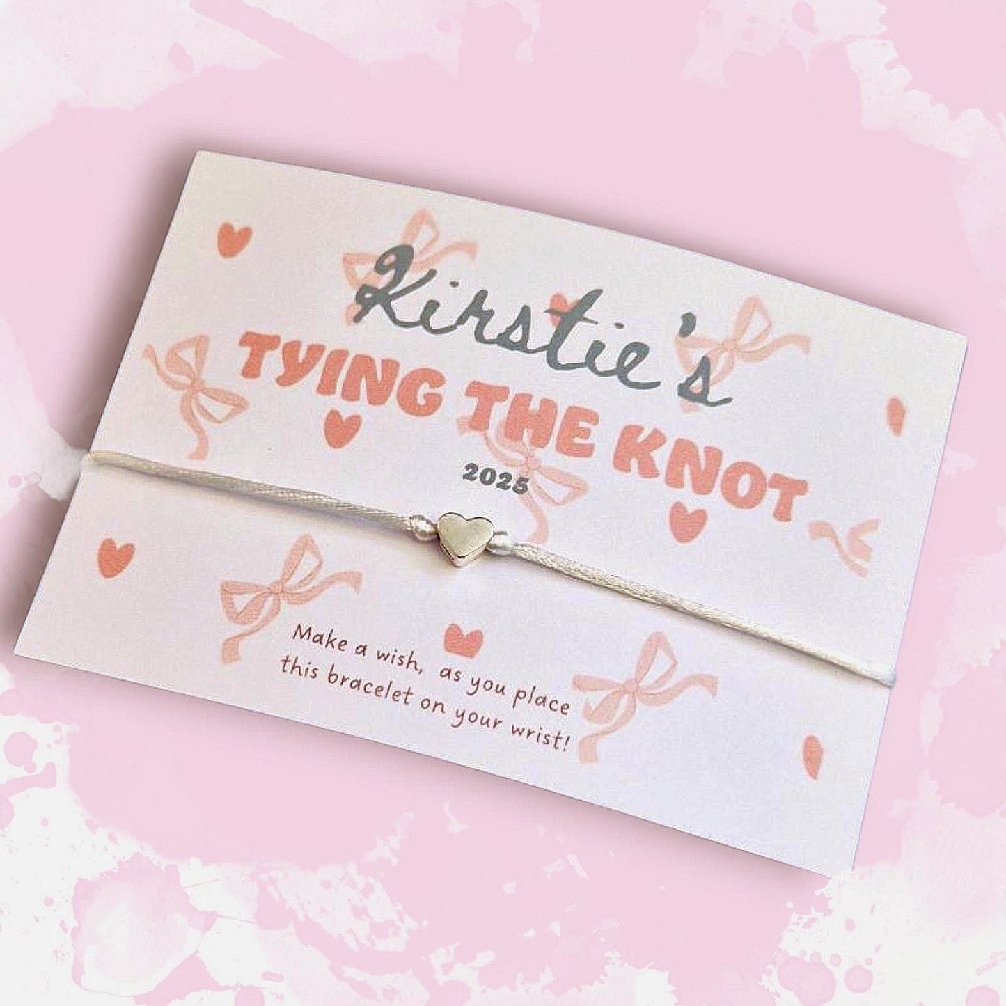 Tying the Knot I  Bows and Hearts I Pink Hen Party Wish Bracelets - Personalised  - Goodie Bag Filler - Hen Weekend, Hen Do, Girls Weekend