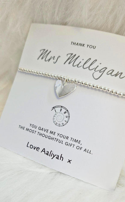 Teacher Thank You Gift: Silver Beaded Charm Bracelet - You gave me your time - Senco, Teaching Assistant. Personalised