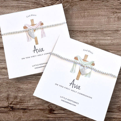 Personalized First Holy Communion Bracelet: Silver Plated Heart Charm