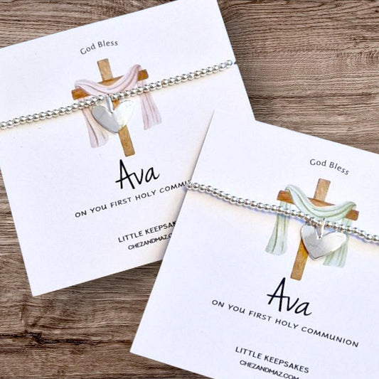 Personalized First Holy Communion Bracelet: Silver Plated Heart Charm