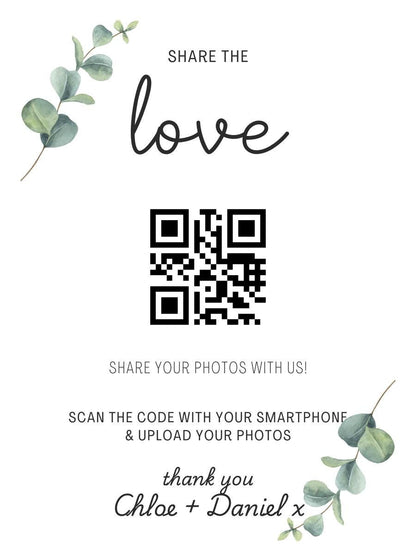 Wedding QR Code Photo Sharing Cards: Personalised Guest Keepsake (A7 Size 7x10 cm) - Share the Love Eucalyptus Design