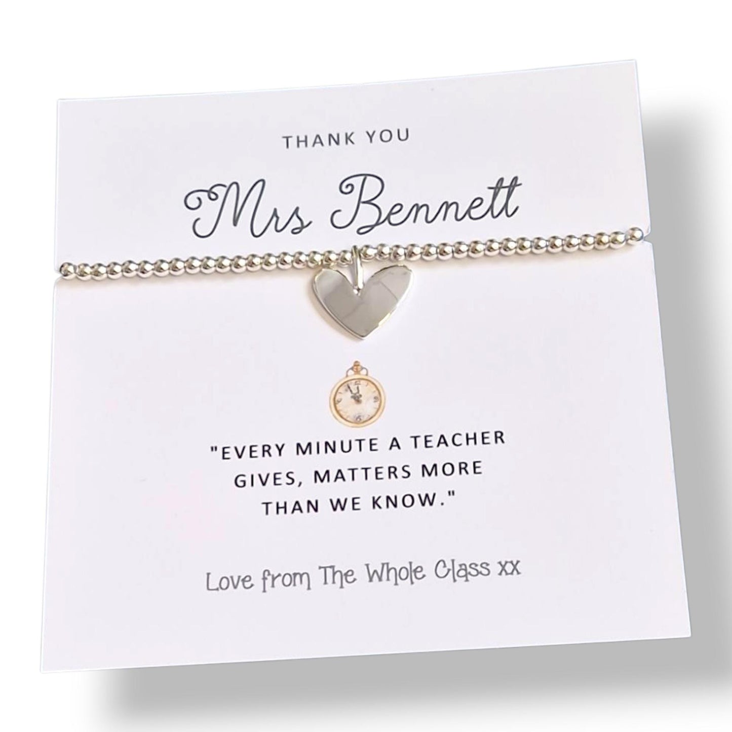 Personalied Teacher Thank You Bracelet: Silver Beaded Charm, 'Every Minute'  Nursery, Pre-school