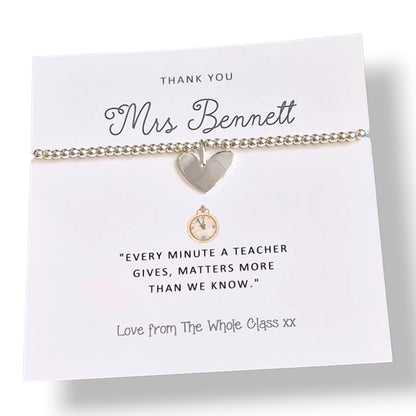 Personalied Teacher Thank You Bracelet: Silver Beaded Charm, 'Every Minute'  Nursery, Pre-school