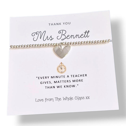Personalied Teacher Thank You Bracelet: Silver Beaded Charm, 'Every Minute'  Nursery, Pre-school