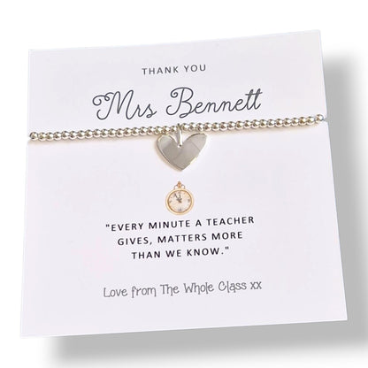Personalied Teacher Thank You Bracelet: Silver Beaded Charm, 'Every Minute'  Nursery, Pre-school