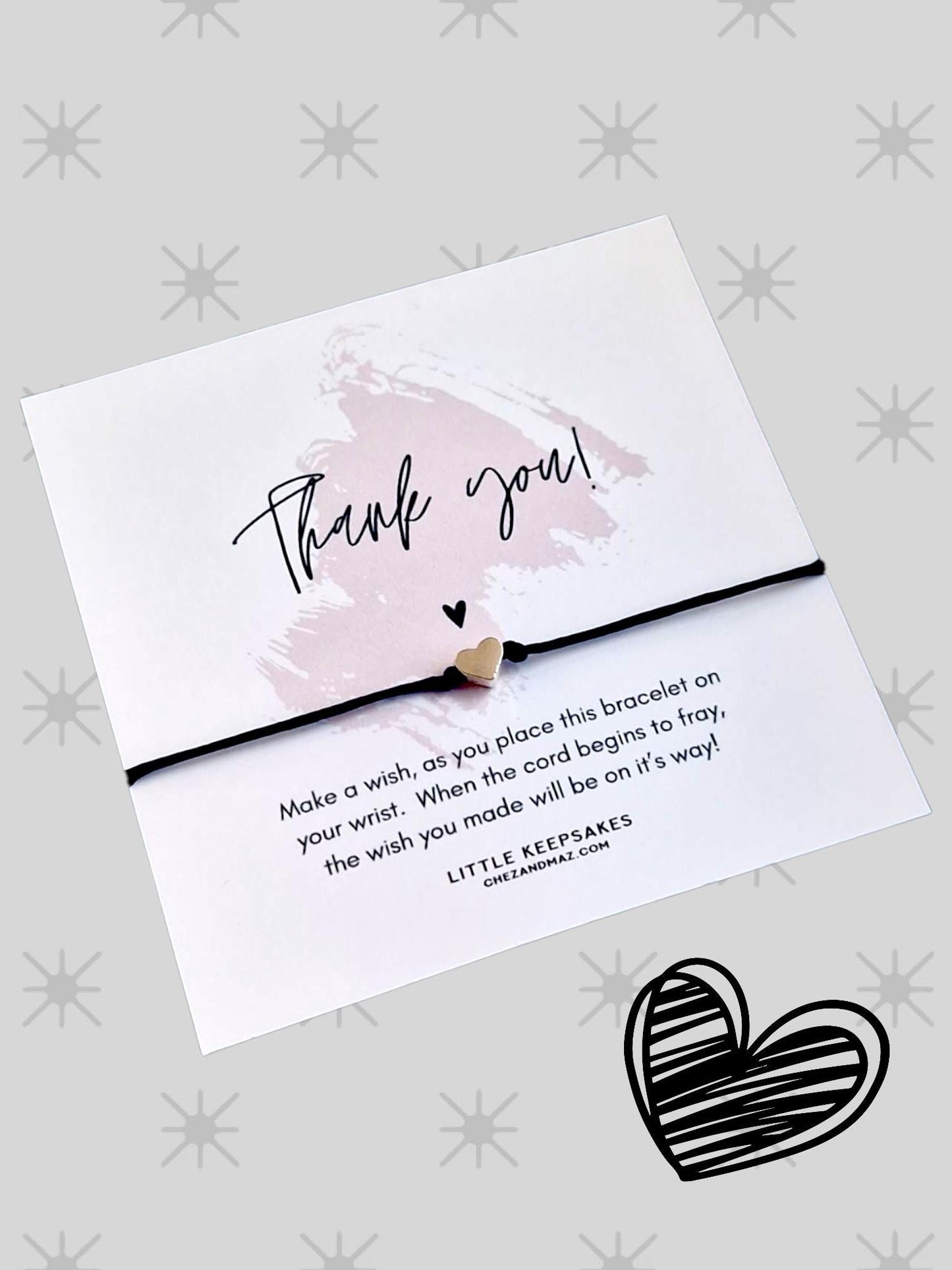 Thank You Wish Bracelet: Pink Splash Heart, Friendship Gift-corporate, school,team, teacher friend
