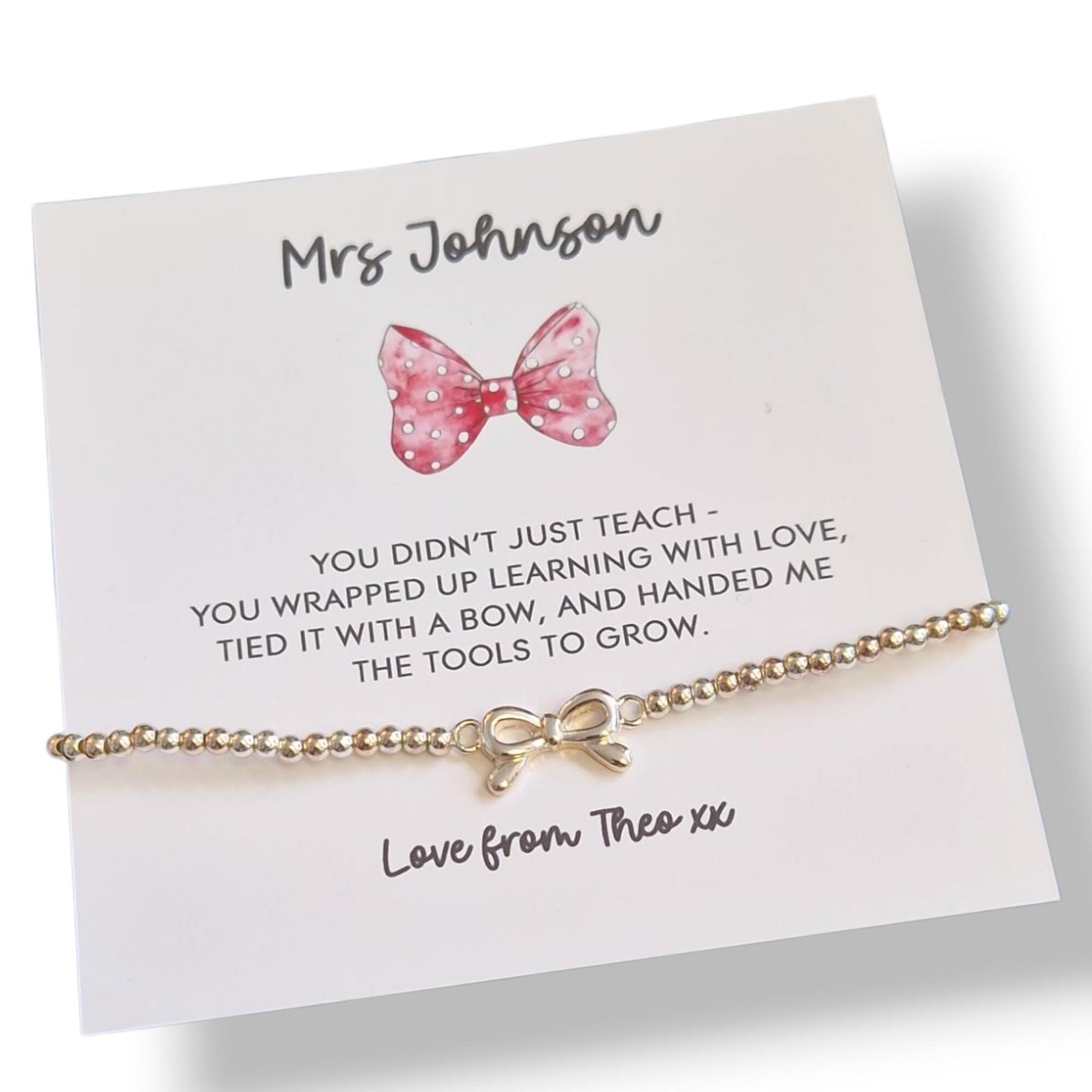 Personalised Teacher Thank You Gift: Silver Plated Stretch Bracelet - you wrapped learning up with love