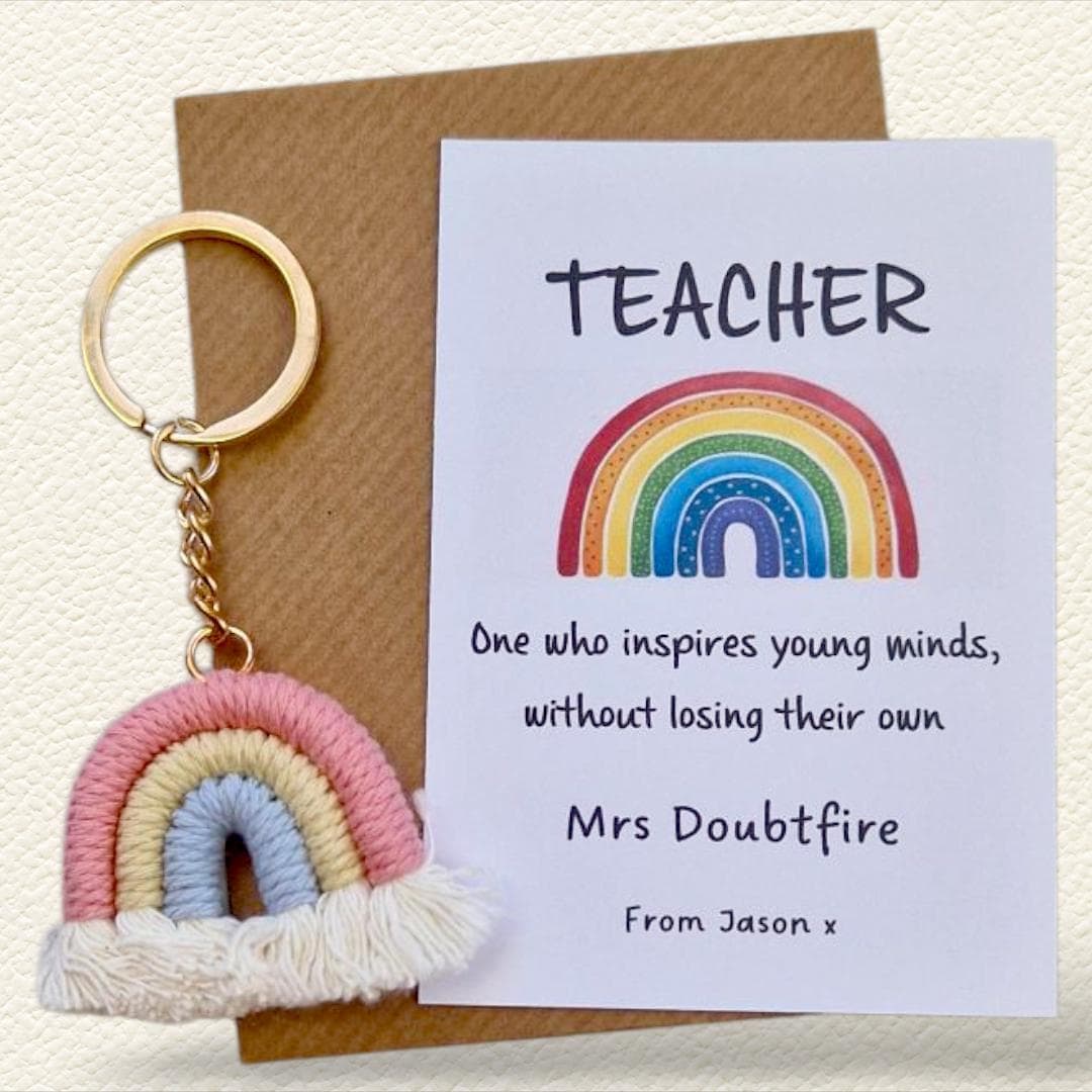 Rainbow Keychain for Teachers Macrame – Appreciation Gift – End of Year Present – Teacher Love Thank You Present - Personalised card