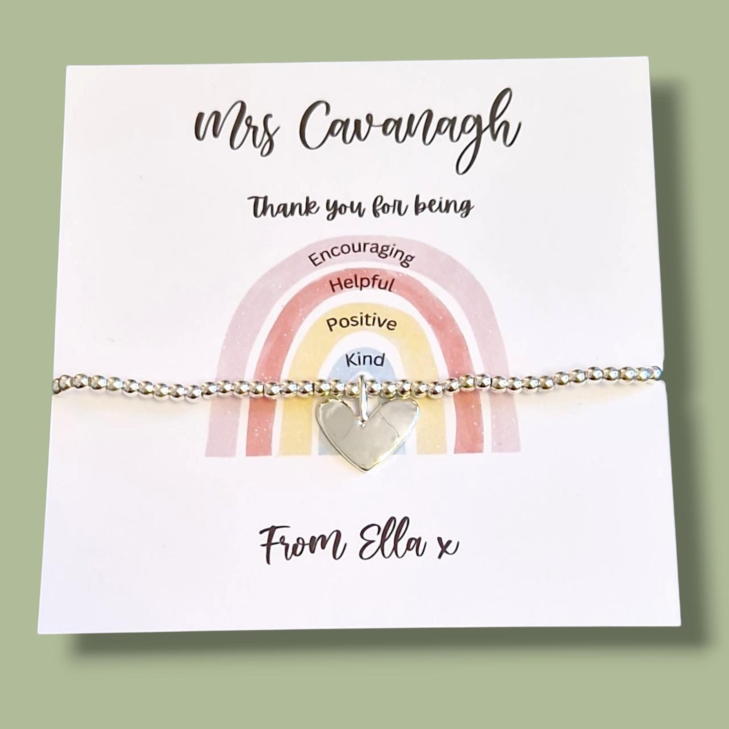Teacher Thank You Bracelet: Silver Beaded Charm, Encouraging Gift, Rainbow Personalised