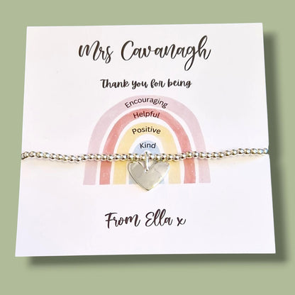 Teacher Thank You Bracelet: Silver Beaded Charm, Encouraging Gift, Rainbow Personalised