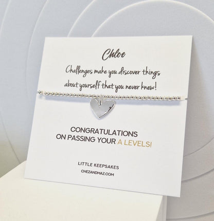 Exams, GCSE, Degree, BTEC, Personalised A-Levels Congratulations Silver Plated Heart Charm Bracelet