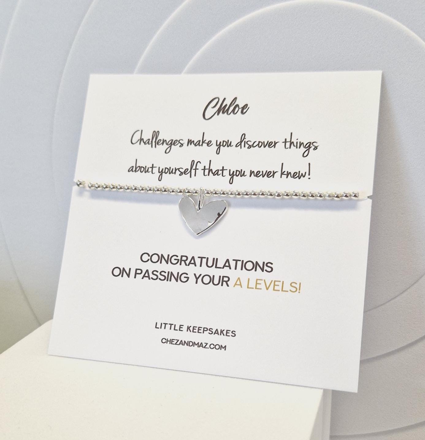 Exams, GCSE, Degree, BTEC, Personalised A-Levels Congratulations Silver Plated Heart Charm Bracelet