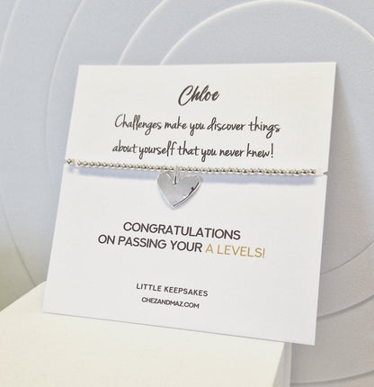 Exams, GCSE, Degree, BTEC, Personalised A-Levels Congratulations Silver Plated Heart Charm Bracelet