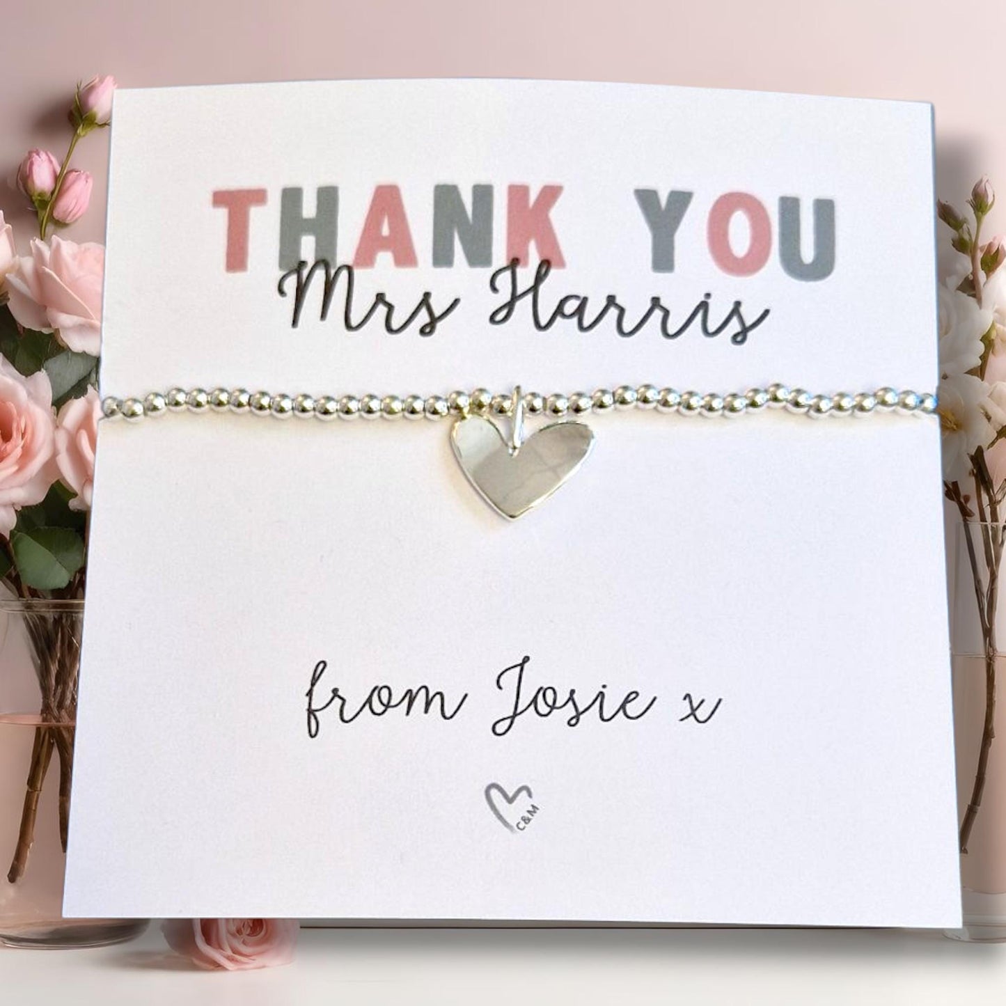 Thank You Bracelet: Silver Beaded Charm, Silver-Plated  Personalised Gift