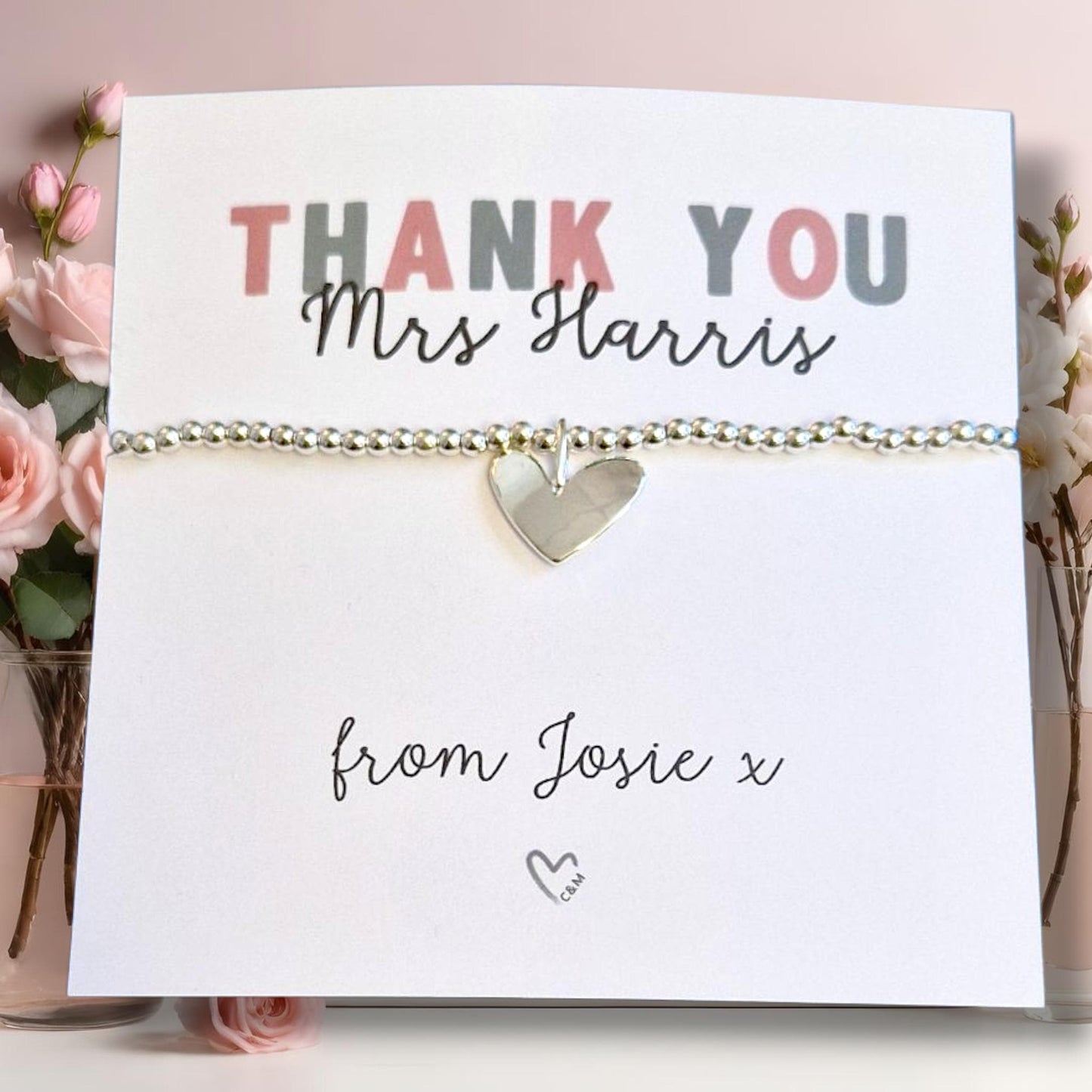 Personalized Teacher Thank You Bracelet: Silver Beaded Charm, Silver-Plated