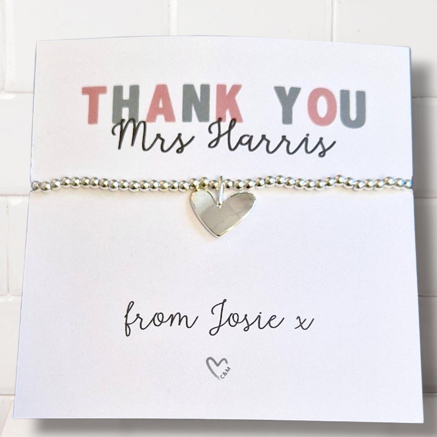 Thank You Bracelet: Silver Beaded Charm, Silver-Plated  Personalised Gift