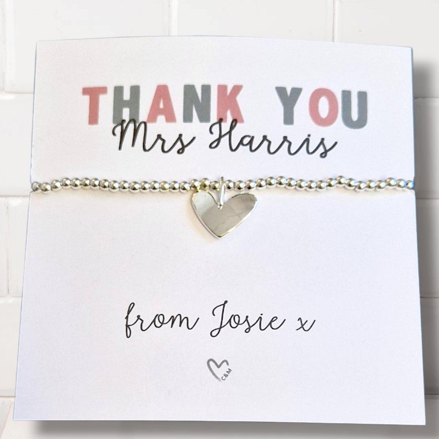 Personalized Teacher Thank You Bracelet: Silver Beaded Charm, Silver-Plated