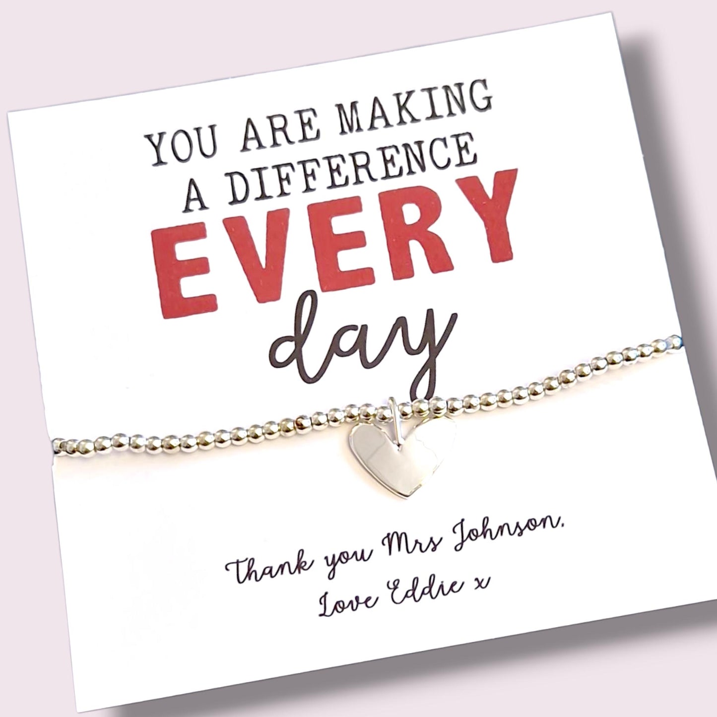 Personalised Teacher Thank You Bracelet: Silver Beaded Charm, Silver-Plated You make a difference