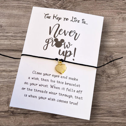 Never Grow Up key to life quote | Inspirational Gift | Disney-Inspired Bracelet | Graduation or Motivation Gift - Charm-Fun, wish bracelet