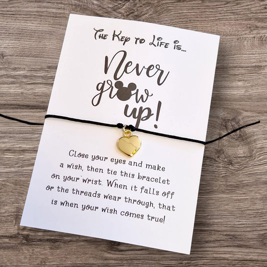 Never Grow Up key to life quote | Inspirational Gift | Disney-Inspired Bracelet | Graduation or Motivation Gift - Charm-Fun, wish bracelet