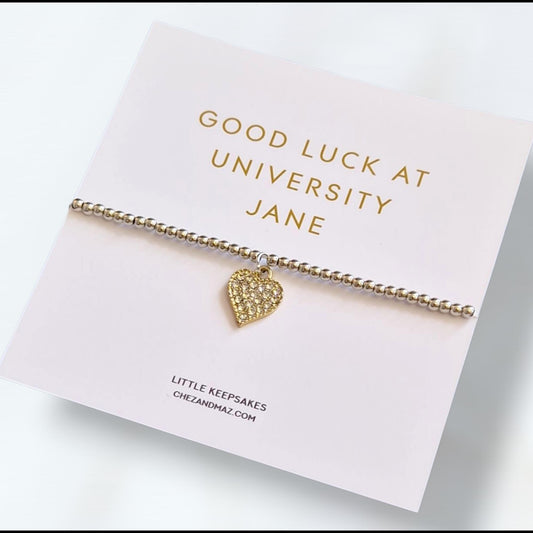 Good Luck University Bracelet: Silver Plated Heart Charm, Uni Gift