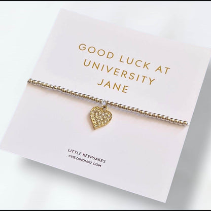 Good Luck University Bracelet: Silver Plated Heart Charm, Uni Gift