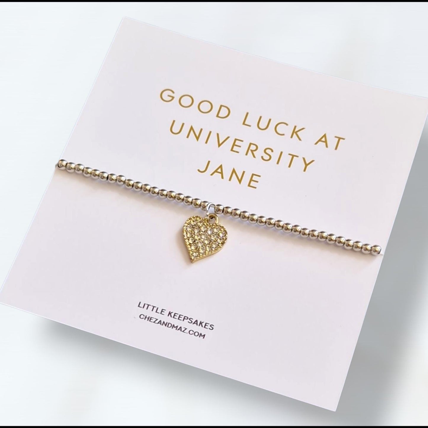 Good Luck University Bracelet: Silver Plated Heart Charm, Uni Gift